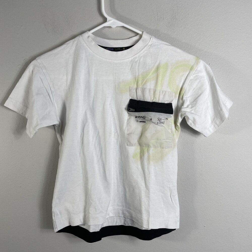 Zara Boys Size 6 Zipped Pocket Short Sleeve Crew Neck T-Shirt Sporty Tee White